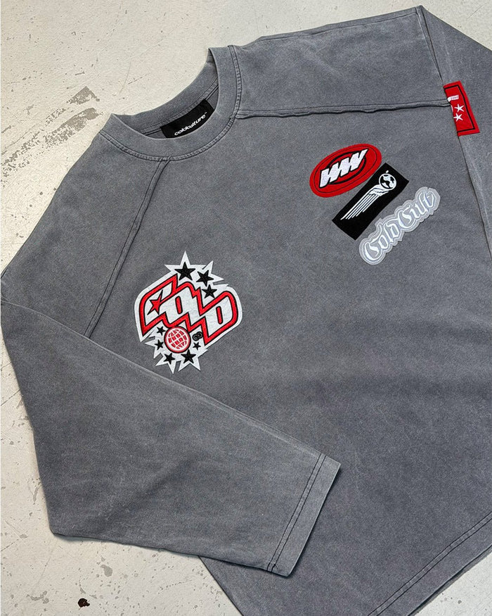 WALKER LONGSLEEVE LIGHT GREY - washed grey longsleeve tee, detail close-up - Cold Culture