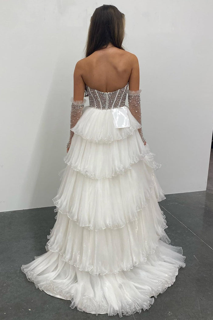 White Beaded Sweetheart Tiered Long Gown with Detachable Sleeves