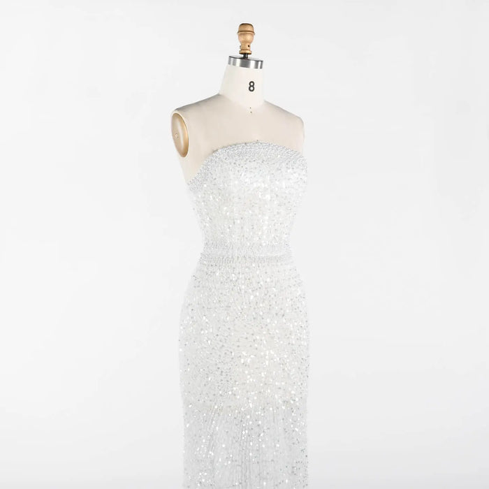 White Beading Strapless Evening Dress Pearl Beaded Mermaid Prom Dress ST014 Sheer Fairy