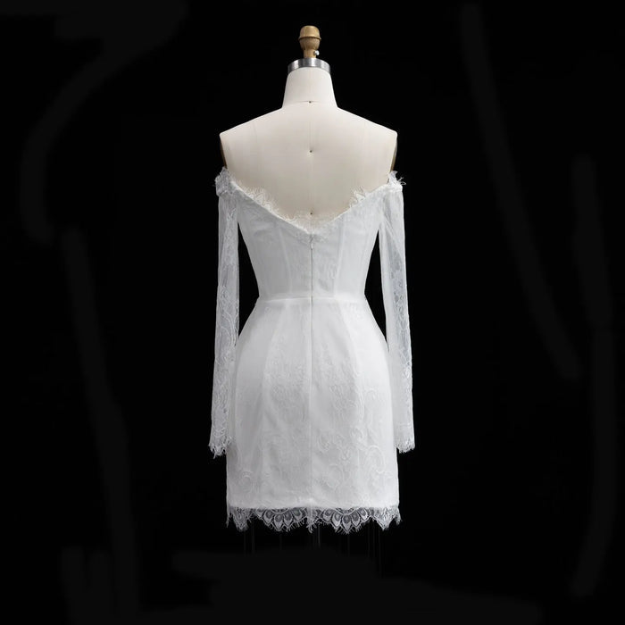White Lace Long Sleeve Off-the-Shoulder Mini Wedding Dress SW170 Sheer Fairy