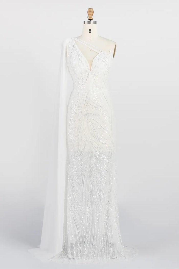 White One Shoulder Mermaid Evening Gown Full Sequin Sparkle Party Dress with Cape ST010 Sheer Fairy