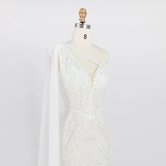 White One Shoulder Mermaid Evening Gown Full Sequin Sparkle Party Dress with Cape ST010 Sheer Fairy