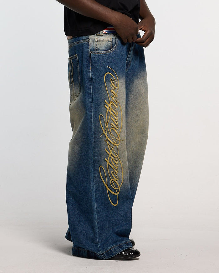 WIBBLE SCRIPT V3 PANTS BLUE - washed blue denim pants, side view - Cold Culture #man