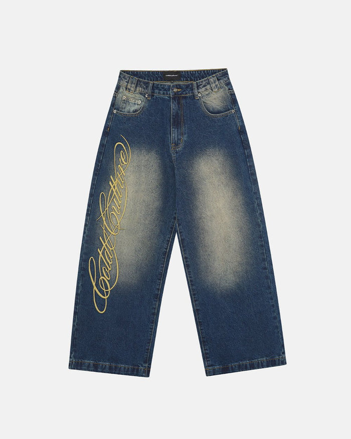 WIBBLE SCRIPT V3 PANTS BLUE - washed blue denim pants, front view - Cold Culture