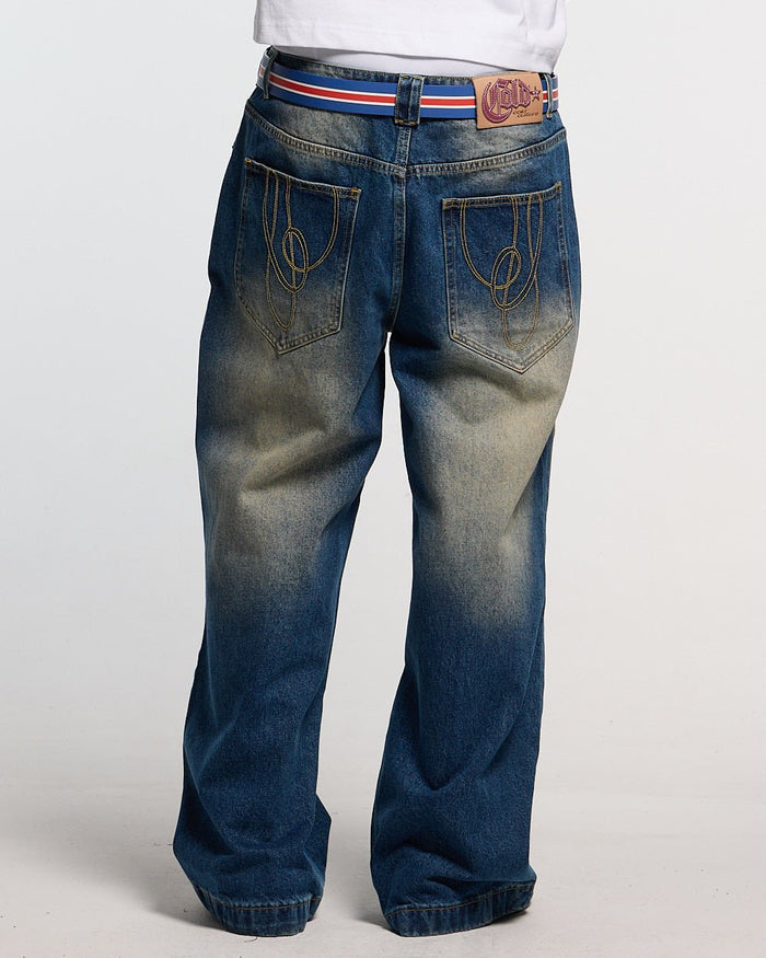 WIBBLE SCRIPT V3 PANTS BLUE - washed blue denim pants, back view on male model - Cold Culture #man