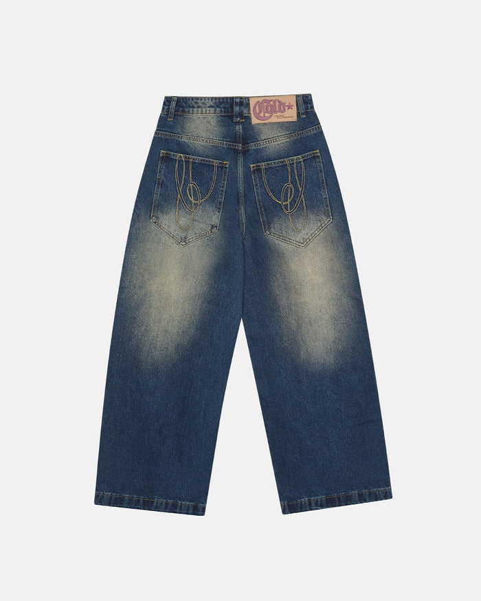 WIBBLE SCRIPT V3 PANTS BLUE - washed blue denim pants, back view - Cold Culture