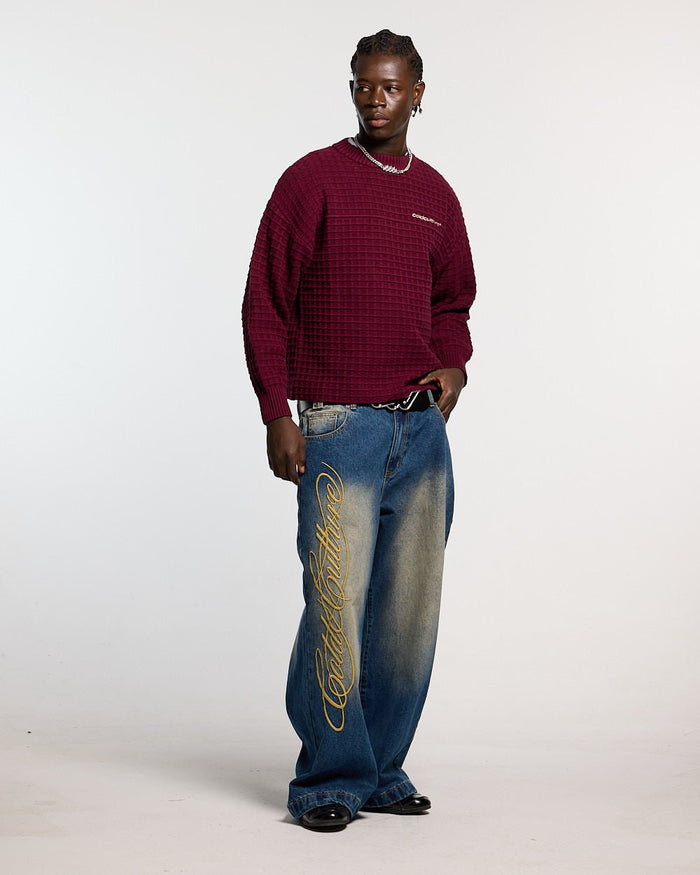 WIBBLE SCRIPT V3 PANTS BLUE - washed blue denim pants, front view on male model - Cold Culture #man