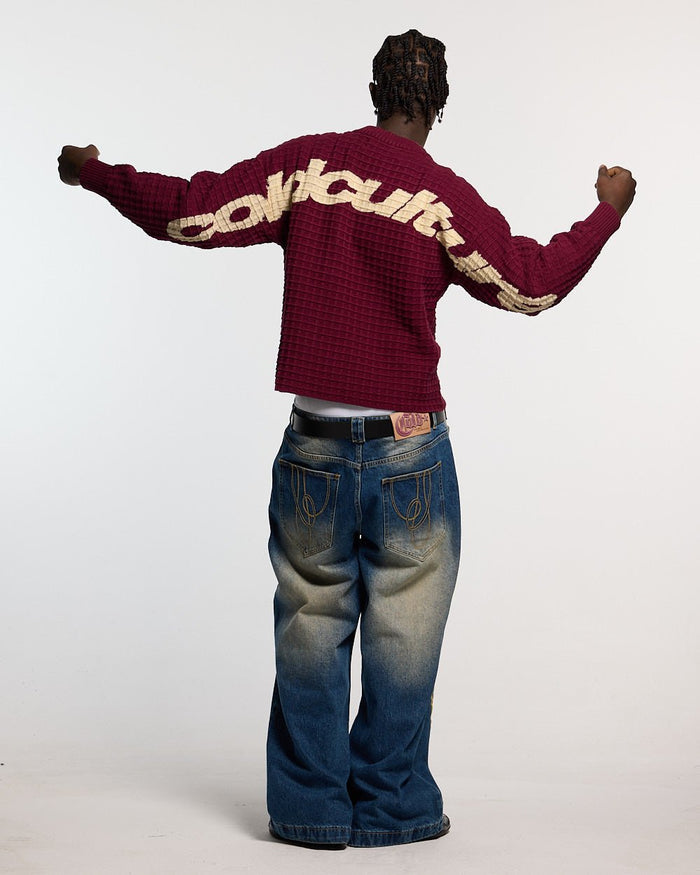 WIBBLE SCRIPT V3 PANTS BLUE - washed blue denim pants, back view on male model - Cold Culture #man