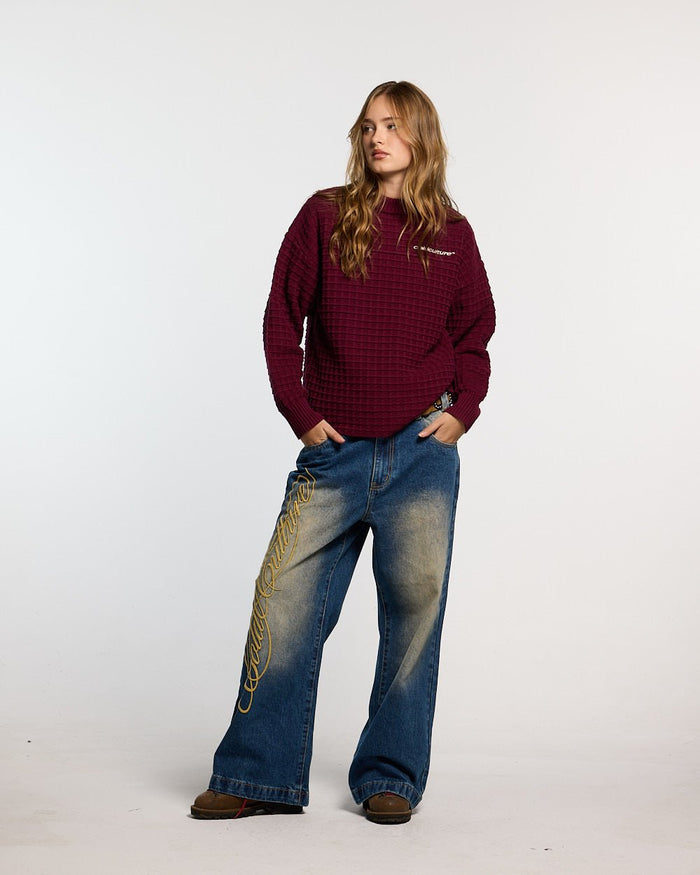 WIBBLE SCRIPT V3 PANTS BLUE - washed blue denim pants, front view on female model - Cold Culture #woman