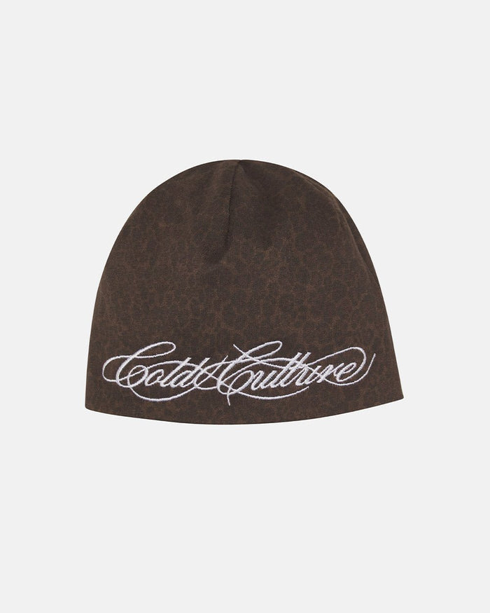 WILD SCRIPT BEANIE LEOPARD - brown leopard print beanie, front view - Cold Culture