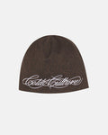 WILD SCRIPT BEANIE LEOPARD - brown leopard print beanie, front view - Cold Culture