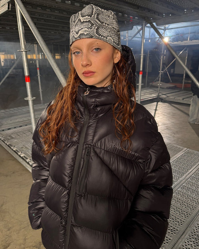 WILD SCRIPT BEANIE SNAKE - grey snake print beanie, street style shot - Cold Culture