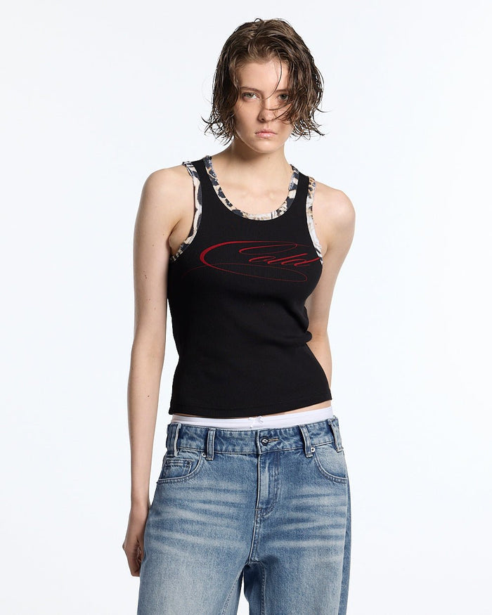 WILD TANK TOP BLACK - black leopard trim tank top, front view on female model - Cold Culture #woman
