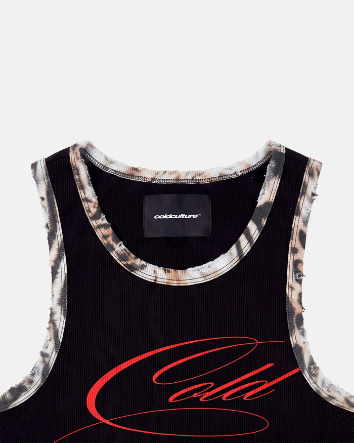 WILD TANK TOP BLACK - black leopard trim tank top, detail close-up - Cold Culture