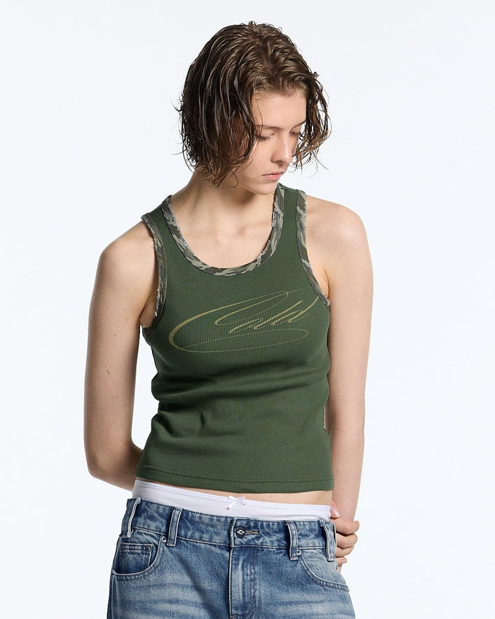 WILD TANK TOP GREEN - green camo trim tank top, front view on female model - Cold Culture #woman