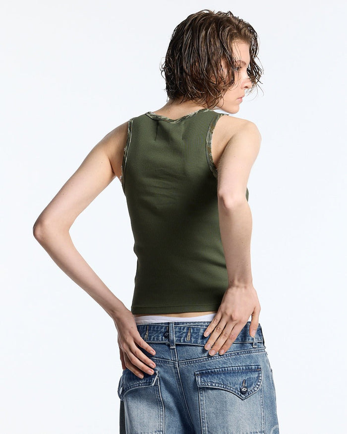 WILD TANK TOP GREEN - green camo trim tank top, back view on female model - Cold Culture