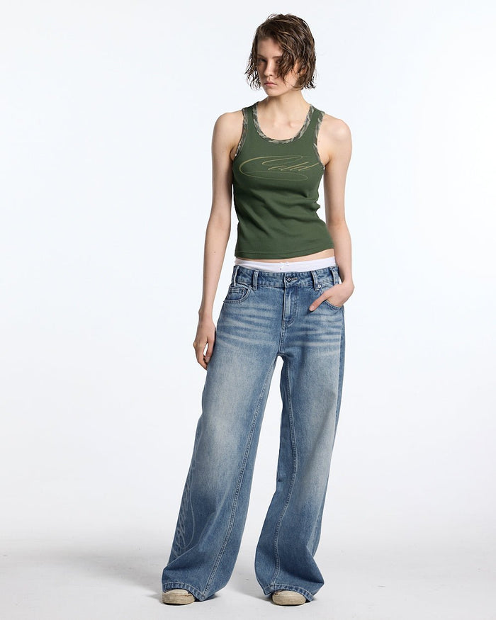 WILD TANK TOP GREEN - green camo trim tank top, front view on female model - Cold Culture