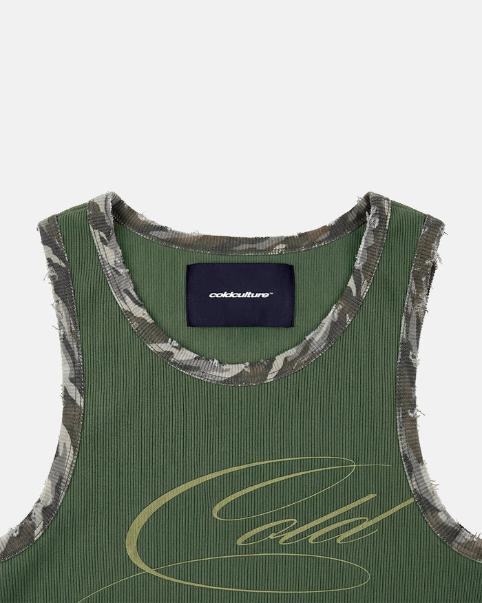 WILD TANK TOP GREEN - green camo trim tank top, detail close-up - Cold Culture