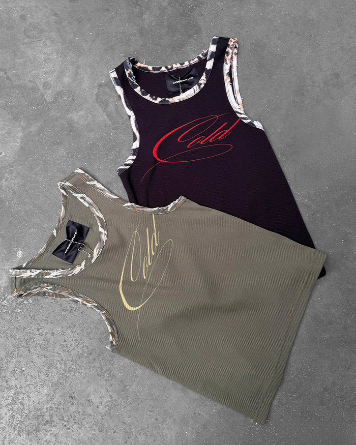 WILD TANK TOP GREEN - green camo trim tank top, flat lay with matching pieces - Cold Culture