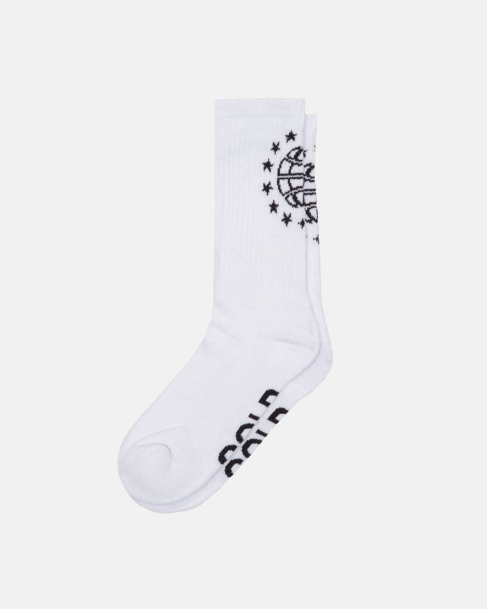 WORLD STARS SOCKS WHITE - white crew socks, flat lay - Cold Culture