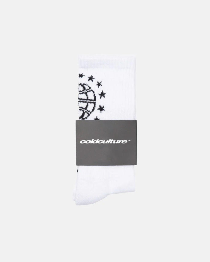 WORLD STARS SOCKS WHITE - white crew socks, flat lay - Cold Culture