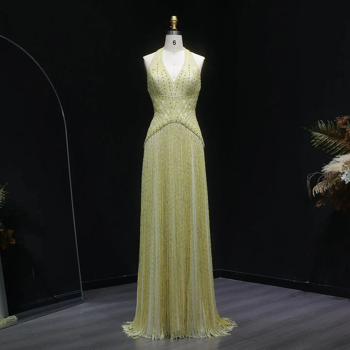 Yellow Beaded Halter Neck Fringe Mermaid Evening Gown with Open Back SS554 Sheer Fairy