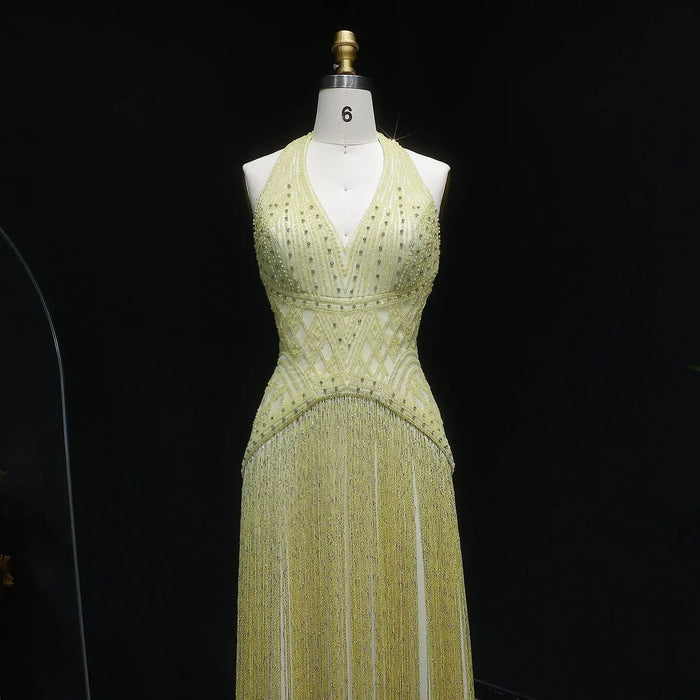 Yellow Beaded Halter Neck Fringe Mermaid Evening Gown with Open Back SS554 Sheer Fairy