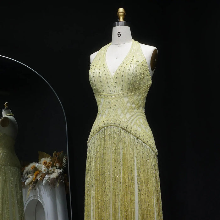 Yellow Beaded Halter Neck Fringe Mermaid Evening Gown with Open Back SS554 Sheer Fairy
