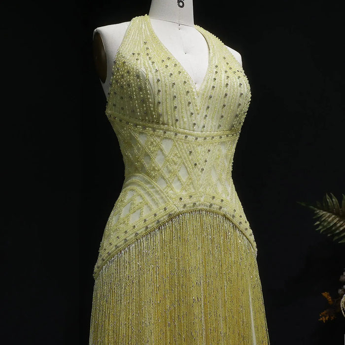 Yellow Beaded Halter Neck Fringe Mermaid Evening Gown with Open Back SS554 Sheer Fairy