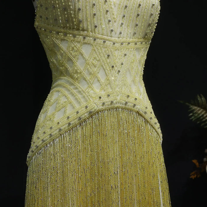 Yellow Beaded Halter Neck Fringe Mermaid Evening Gown with Open Back SS554 Sheer Fairy
