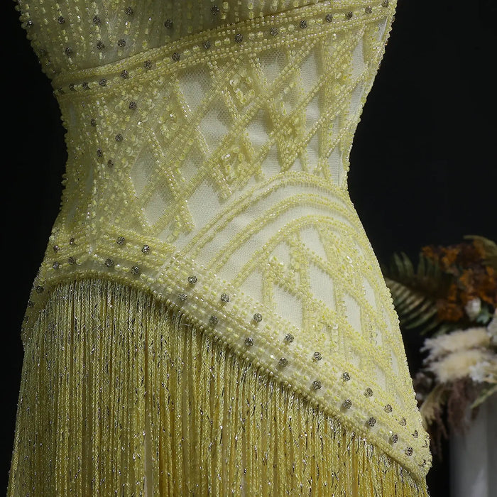 Yellow Beaded Halter Neck Fringe Mermaid Evening Gown with Open Back SS554 Sheer Fairy