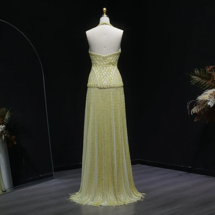 Yellow Beaded Halter Neck Fringe Mermaid Evening Gown with Open Back SS554 Sheer Fairy