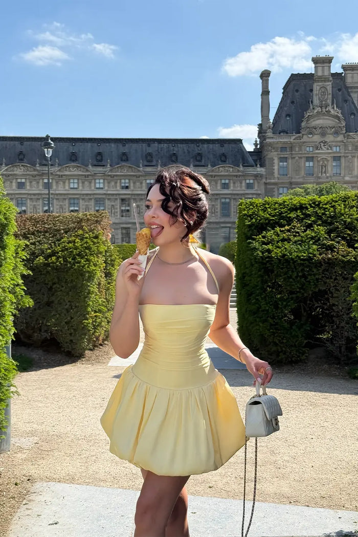 Yellow Halter Mini Dress Bubble Hem Corset Back Summer Prom Dress RM250 Sheer Fairy