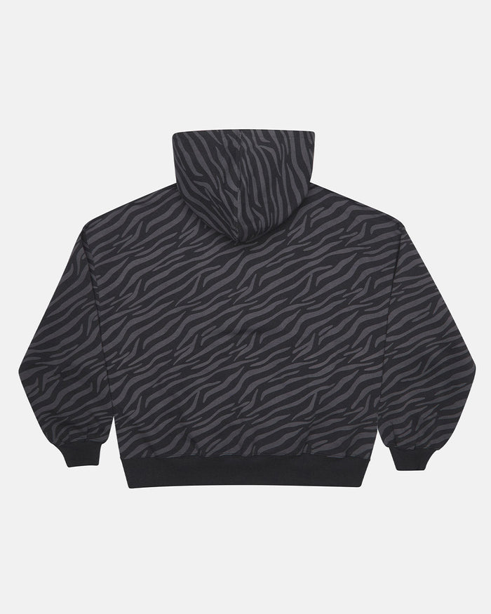 ZEBRA HOODIE BLACK - black zebra print hoodie, back view - Cold Culture