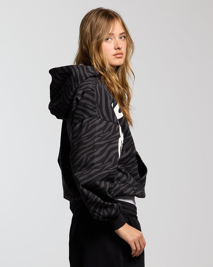 ZEBRA HOODIE BLACK - black zebra print hoodie, side view - Cold Culture #woman