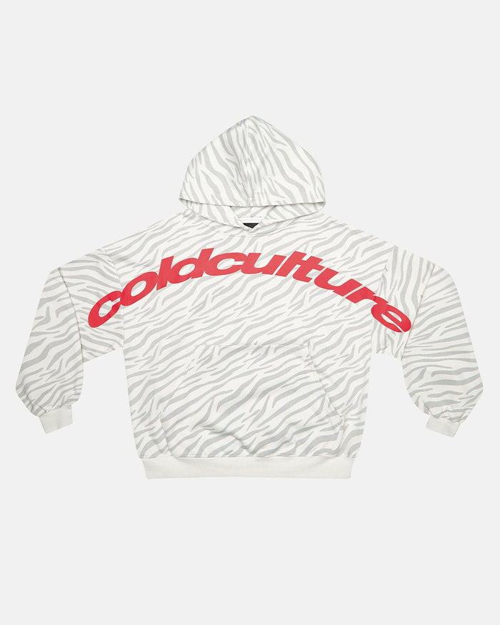 ZEBRA HOODIE WHITE - white zebra print hoodie, front view - Cold Culture