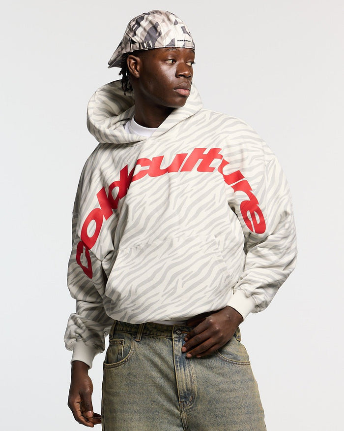 ZEBRA HOODIE WHITE - white zebra print hoodie, front view on male model - Cold Culture #man