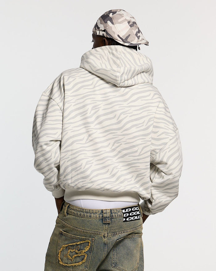 ZEBRA HOODIE WHITE - white zebra print hoodie, back view on male model - Cold Culture #man