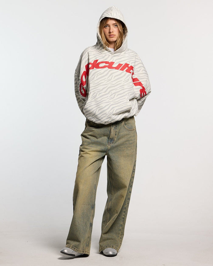 ZEBRA HOODIE WHITE - white zebra print hoodie, front view on female model - Cold Culture #woman