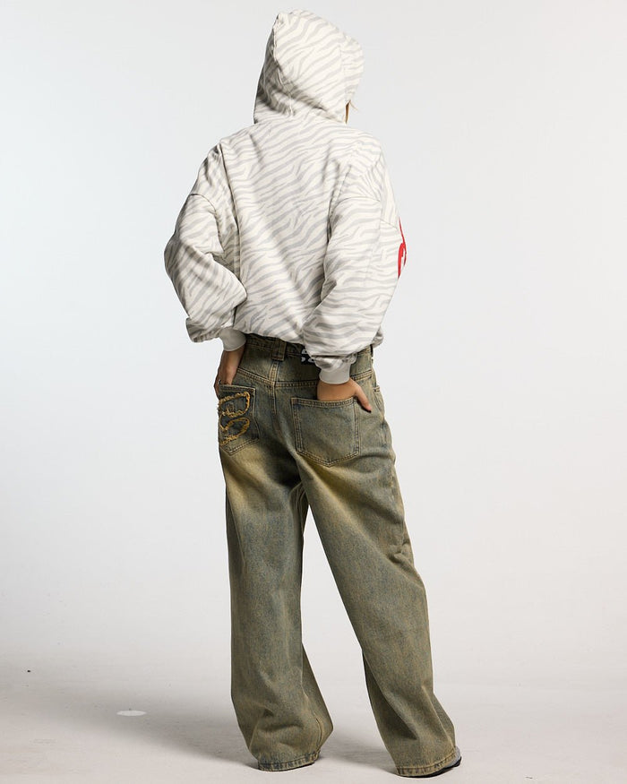 ZEBRA HOODIE WHITE - white zebra print hoodie, back view on female model - Cold Culture #woman