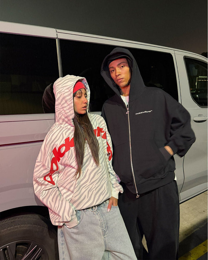 ZEBRA HOODIE WHITE - white zebra print hoodie, street style shot - Cold Culture